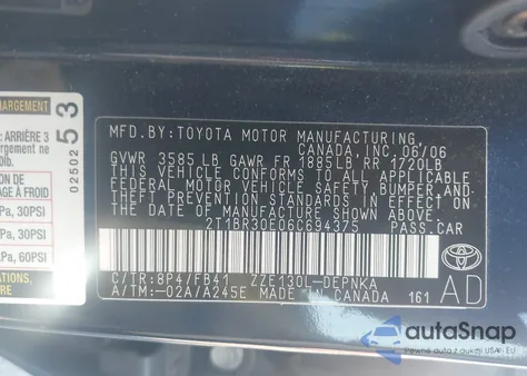 2006 Toyota Corolla Le из США, поврежденный, VIN 2T1BR30E06C694375